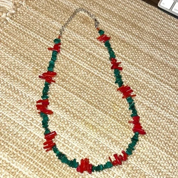 Red Dyed Coral Bamboo and Malachite Handmade Necklace - Picture 3 of 4